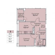 2-комн. квартира в ЖК Ветлан, 58.60 м²