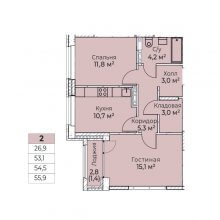 2-комн. квартира в ЖК Ветлан, 55.90 м²