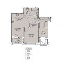 2-комн. евро квартира в ЖК Ветлан, 58.50 м²