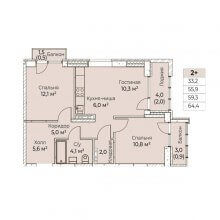 3-комн. евро квартира в ЖК Ветлан, 64.40 м²