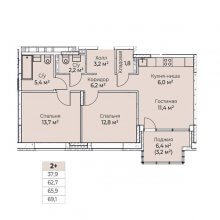 3-комн. евро квартира в ЖК Ветлан, 69.10 м²