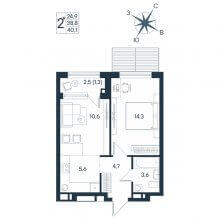2-комн. евро квартира в ЖК Юг на Беляева 17, 40.10 м²