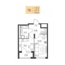 1-комн. квартира в ЖК Левченко, 8, 34.60 м²