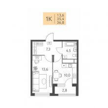 1-комн. квартира в ЖК Левченко, 8, 36.80 м²