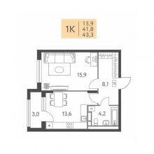 1-комн. квартира в ЖК Левченко, 8, 43.30 м²