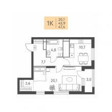 1-комн. квартира в ЖК Левченко, 8, 47.40 м²