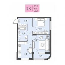 2-комн. квартира в ЖК Левченко, 8, 53.20 м²