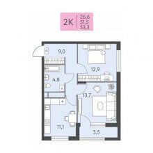 2-комн. квартира в ЖК Левченко, 8, 53.30 м²