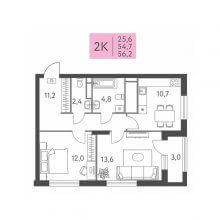 2-комн. квартира в ЖК Левченко, 8, 56.20 м²