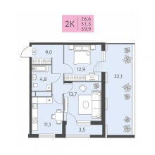 2-комн. квартира в ЖК Левченко, 8, 59.90 м²