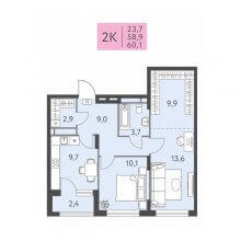 2-комн. квартира в ЖК Левченко, 8, 60.10 м²