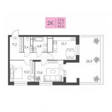 2-комн. квартира в ЖК Левченко, 8, 65.40 м²