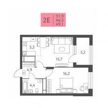 2-комн. евро квартира в ЖК Левченко, 8, 49.10 м²