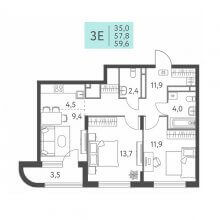 3-комн. евро квартира в ЖК Левченко, 8, 59.60 м²