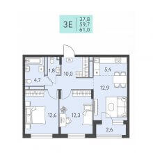 3-комн. евро квартира в ЖК Левченко, 8, 61.00 м²