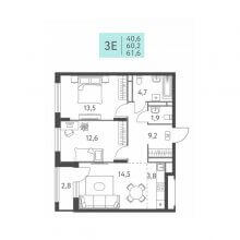 3-комн. евро квартира в ЖК Левченко, 8, 61.60 м²