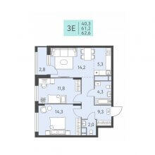 3-комн. евро квартира в ЖК Левченко, 8, 62.60 м²