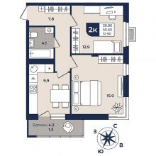 2-комн. квартира в ЖК Семченко, 8, 51.90 м²