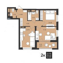 2-комн. квартира в ЖК Гравитация, 52.99 м²
