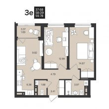 3-комн. евро квартира в ЖК Гравитация, 59.78 м²