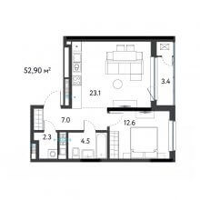 2-комн. евро квартира в ЖК К745, 52.90 м²
