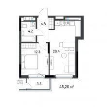2-комн. евро квартира в ЖК К745, 45.20 м²