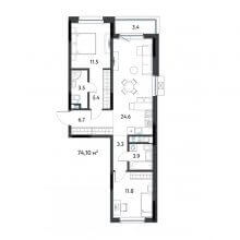 3-комн. евро квартира в ЖК К745, 74.10 м²