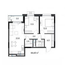 3-комн. евро квартира в ЖК К745, 66.60 м²