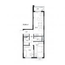 3-комн. евро квартира в ЖК К745, 70.90 м²