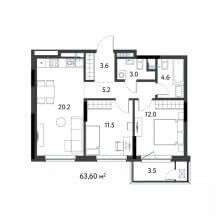 3-комн. евро квартира в ЖК К745, 63.60 м²