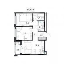 3-комн. евро квартира в ЖК К745, 63.80 м²