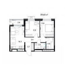 3-комн. евро квартира в ЖК К745, 59.60 м²
