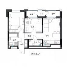 3-комн. евро квартира в ЖК К745, 59.90 м²