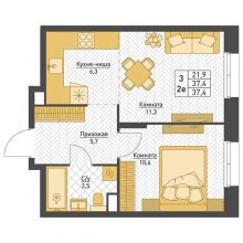 2-комн. евро квартира в ЖК Фаворит, 37.40 м²