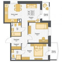 3-комн. евро квартира в ЖК Фаворит, 63.60 м²