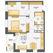 3-комн. евро квартира в ЖК Фаворит, 58.40 м²