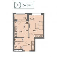 1-комн. квартира в ЖК Новый Парковый, 34.80 м²