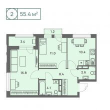 2-комн. квартира в ЖК Новый Парковый, 55.40 м²