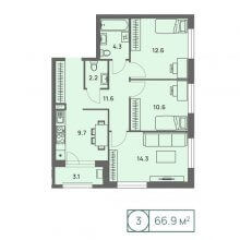 3-комн. квартира в ЖК Новый Парковый, 66.90 м²