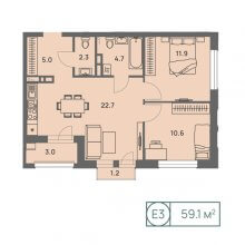 3-комн. евро квартира в ЖК Новый Парковый, 59.10 м²
