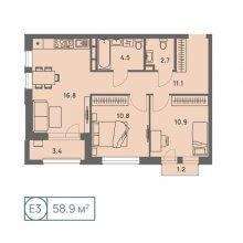 3-комн. евро квартира в ЖК Новый Парковый, 58.90 м²