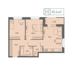 3-комн. евро квартира в ЖК Новый Парковый, 61.40 м²
