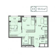 3-комн. евро квартира в ЖК Новый Парковый, 55.60 м²