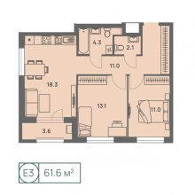 3-комн. евро квартира в ЖК Новый Парковый, 61.60 м²