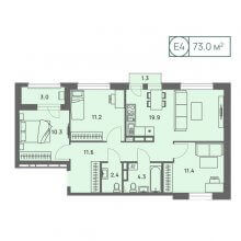 4-комн. евро квартира в ЖК Новый Парковый, 73.00 м²