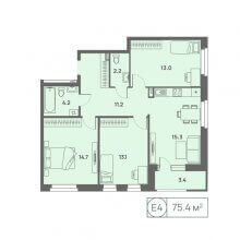 4-комн. евро квартира в ЖК Новый Парковый, 75.40 м²