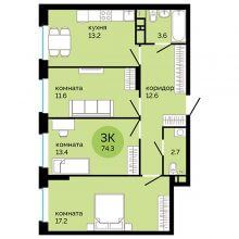 3-комн. квартира в ЖК Красное яблоко, 74.30 м²