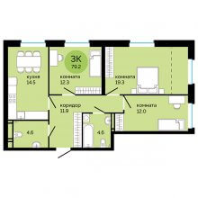 3-комн. квартира в ЖК Красное яблоко, 79.20 м²