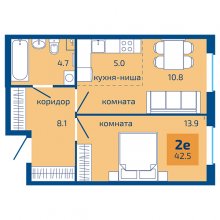 2-комн. евро квартира в ЖК Патриот, 42.50 м²