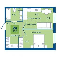 2-комн. евро квартира в ЖК Патриот, 39.30 м²